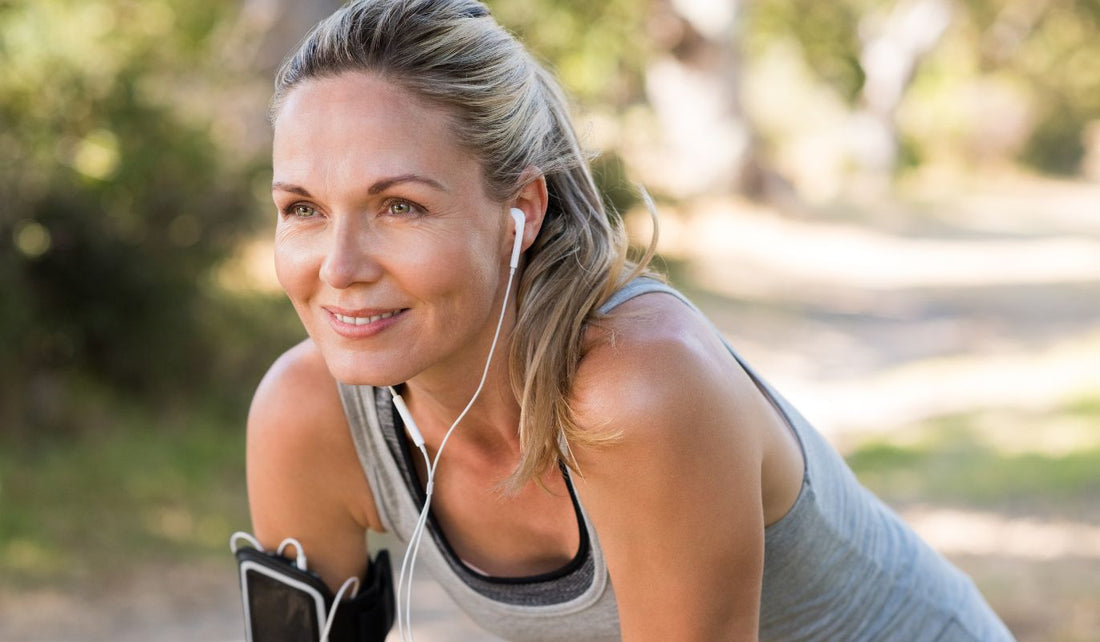 Active mature woman jogging to support fitness and joint health with collagen.